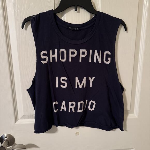 Women's Wildfox Tank Crop Top Shipping Is My Cardio, Size S, Navy Blue - Picture 1 of 3